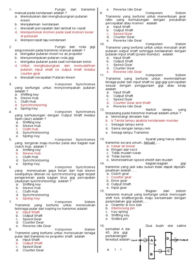 Komponen Synchromesh Yang Berhubungan Dengan Output Shaft Melalui Alur Adalah. Soal Dan Kunci Jawaban Transmisi Manual