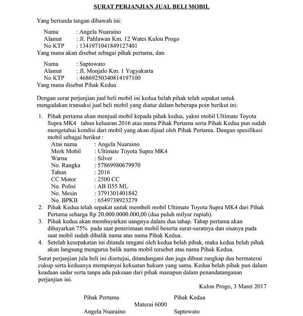 Jual Beli Mobil Pajero. Contoh Surat Perjanjian Jual Beli Mobil yang Sah